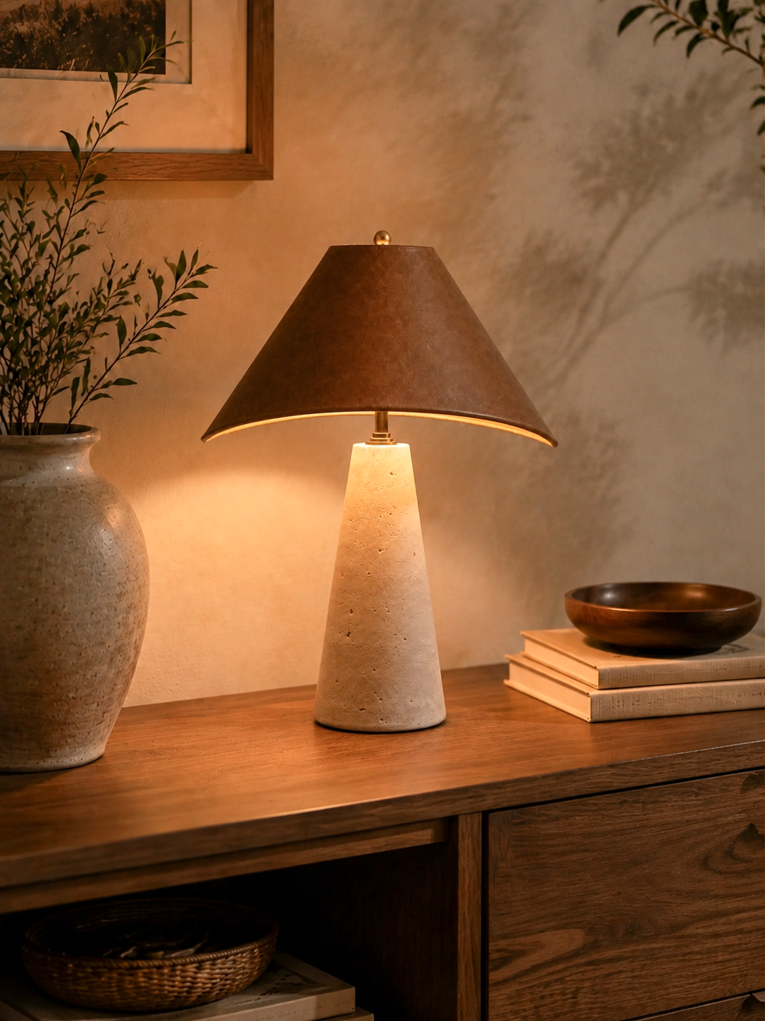 Rattan dome table lamp glowing on a warm wooden console