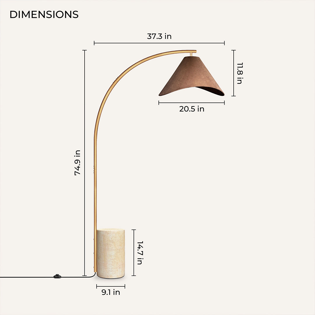 Bentra Arc Floor Lamp dimensions: 74.9 in high, 37.3 in span, shade 20.5 in wide, base 9.1 in diameter