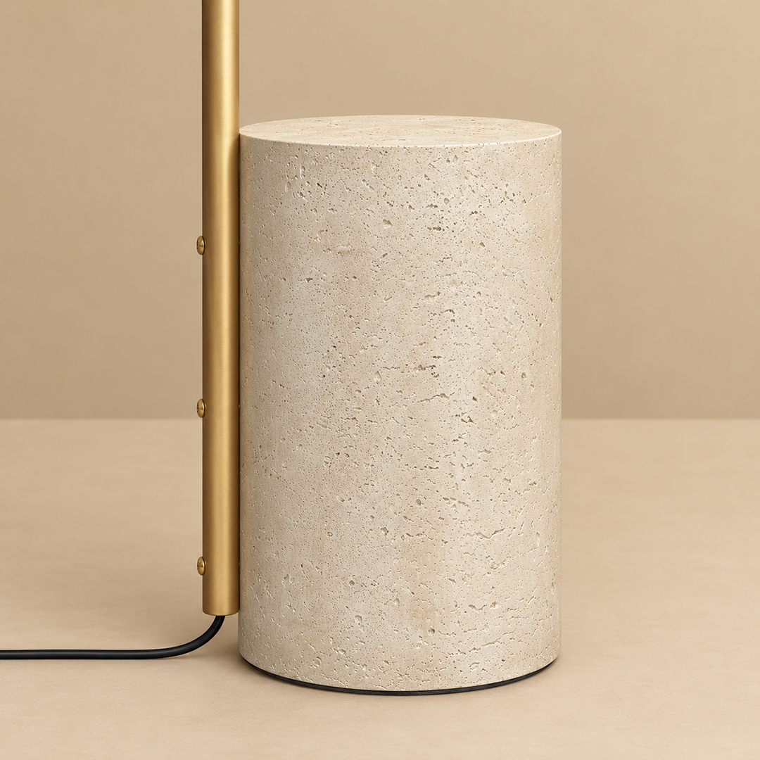 E&S MCM Arc Floor Lamp - natural travertine base detail