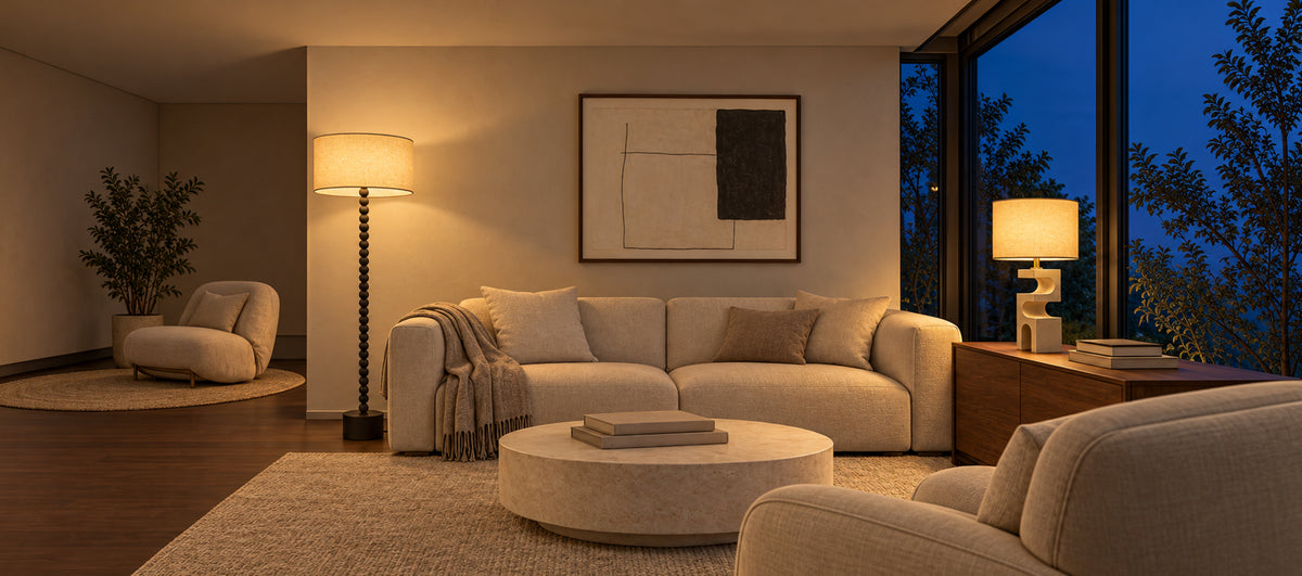 Floor and table lighting in a warm textured living room