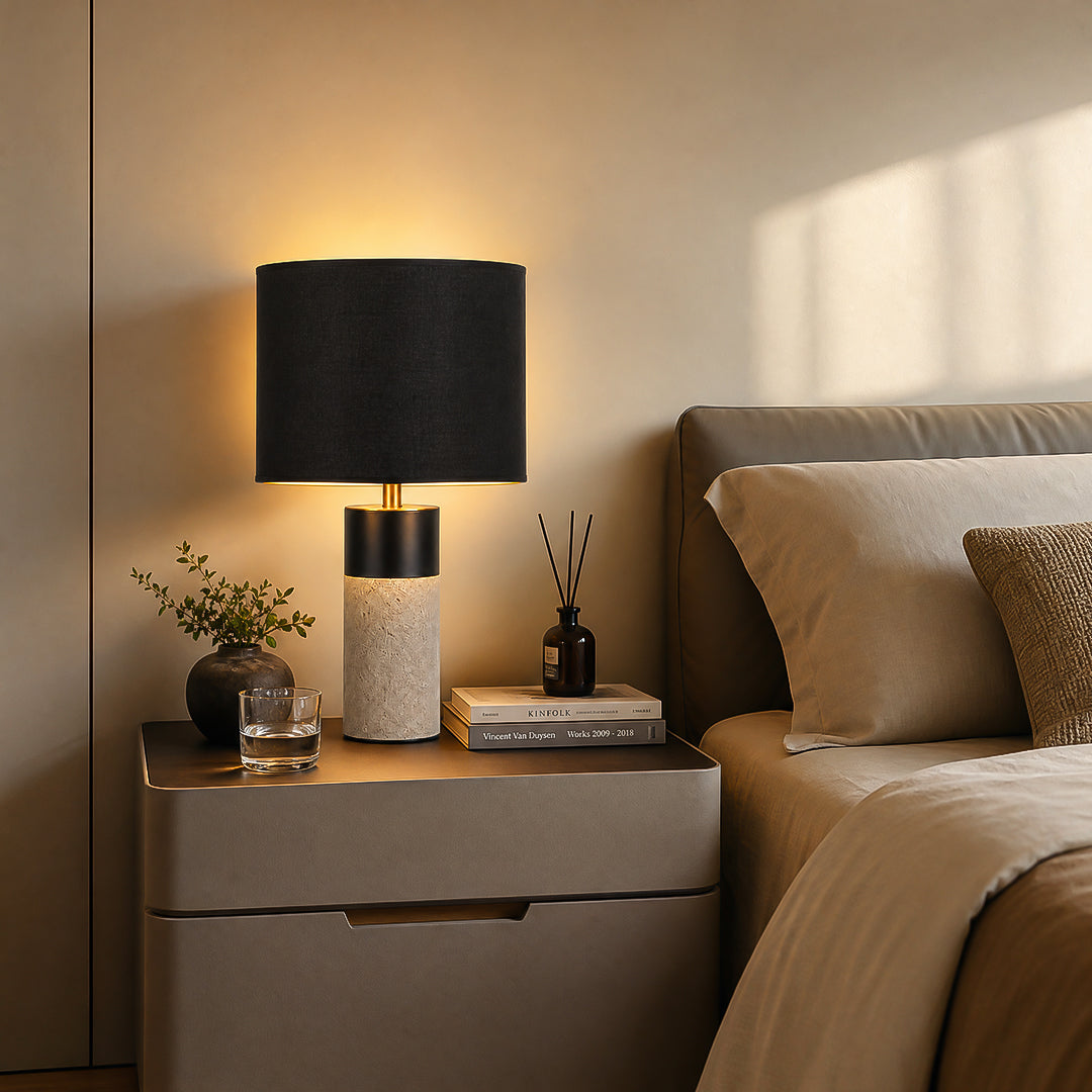 Ease & Settle black shade stone table lamp 04