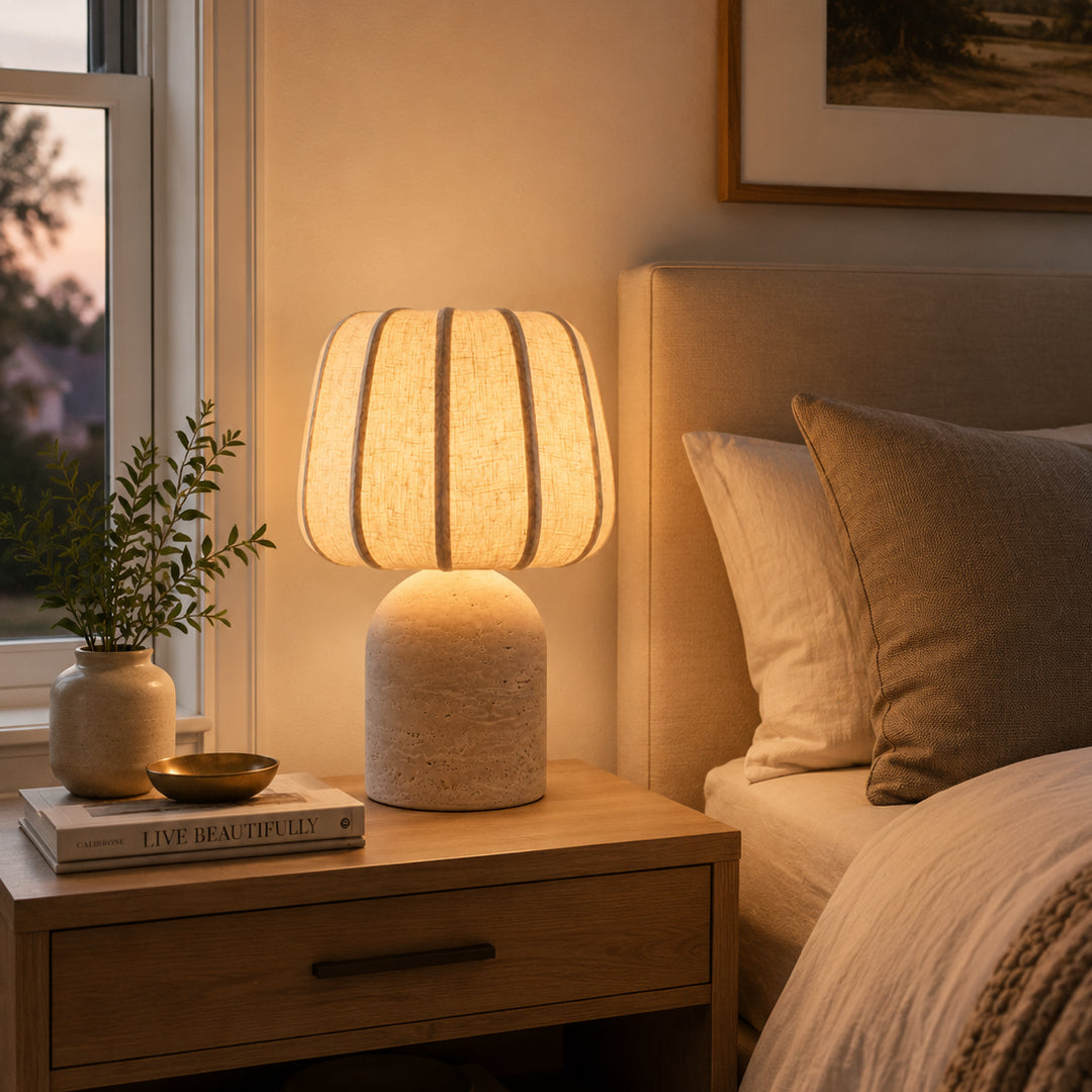 Ease & Settle fluted shade travertine table lamp 04
