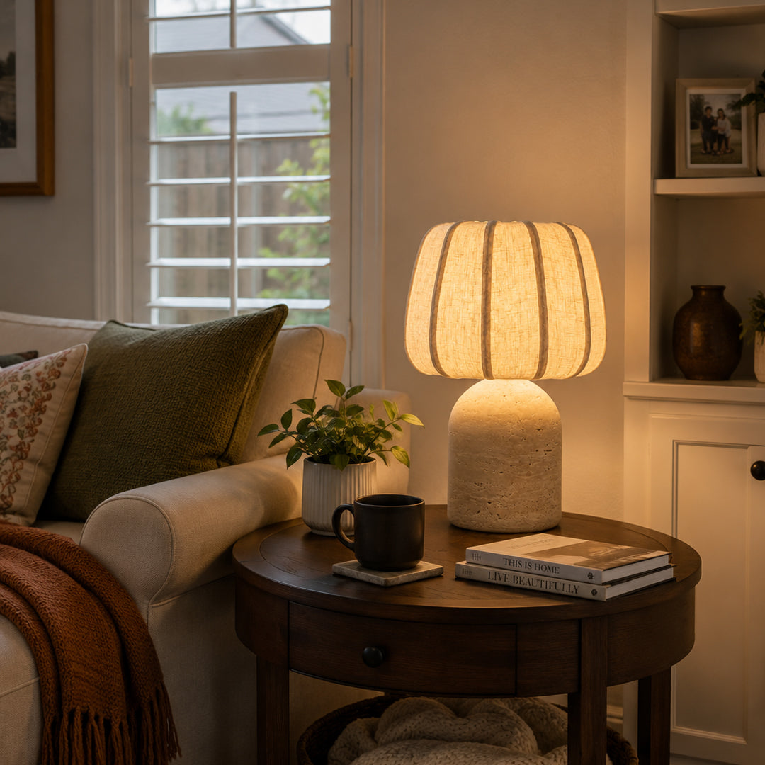 Ease & Settle fluted shade travertine table lamp 05