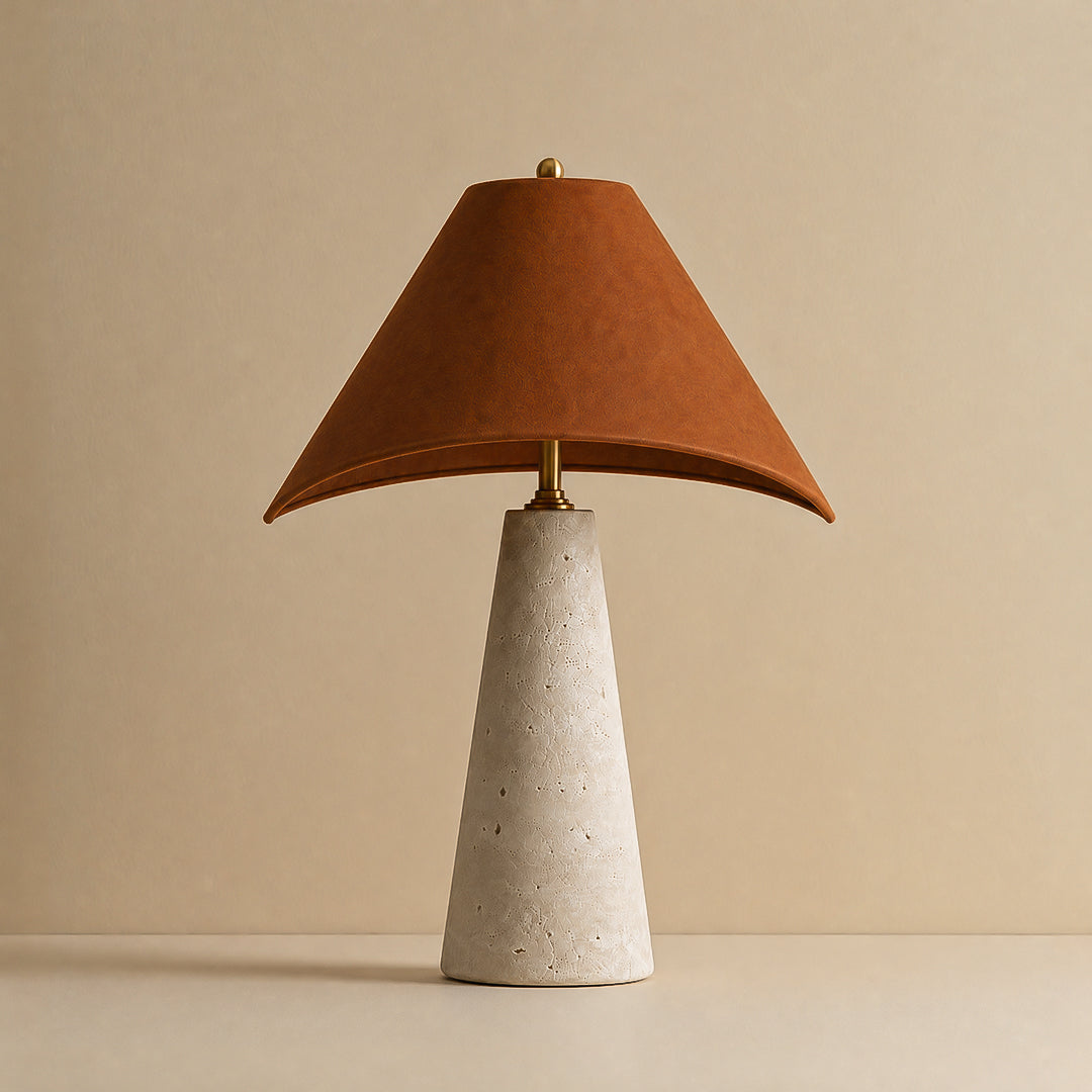 Ease & Settle leather shade travertine table lamp 01