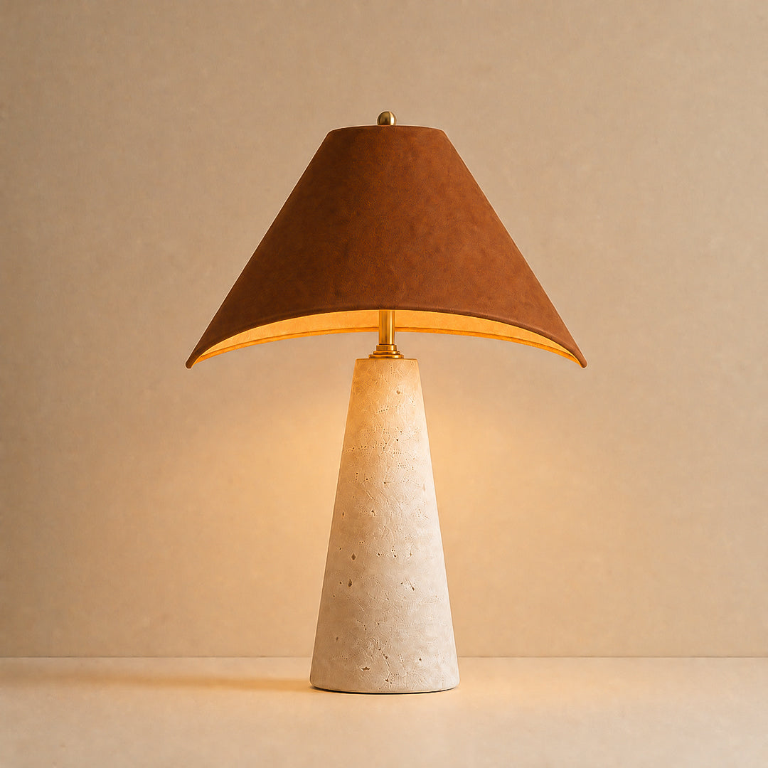 Ease & Settle leather shade travertine table lamp 02