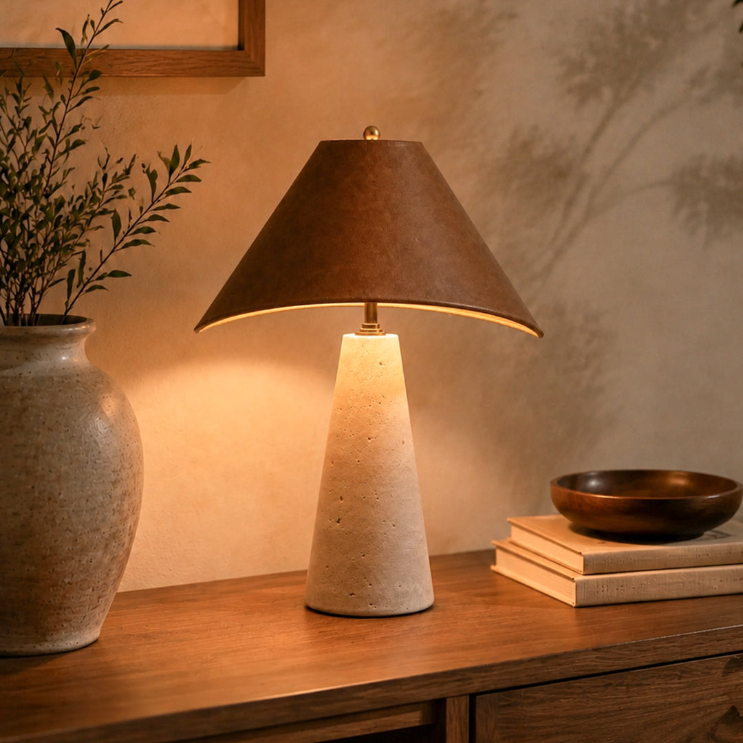 Ease & Settle leather shade travertine table lamp 04