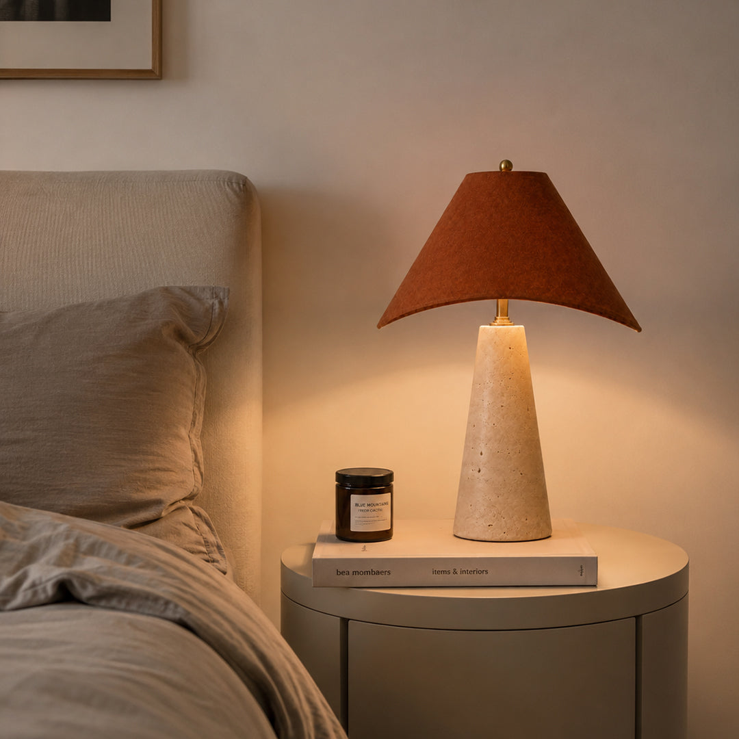Ease & Settle leather shade travertine table lamp 05