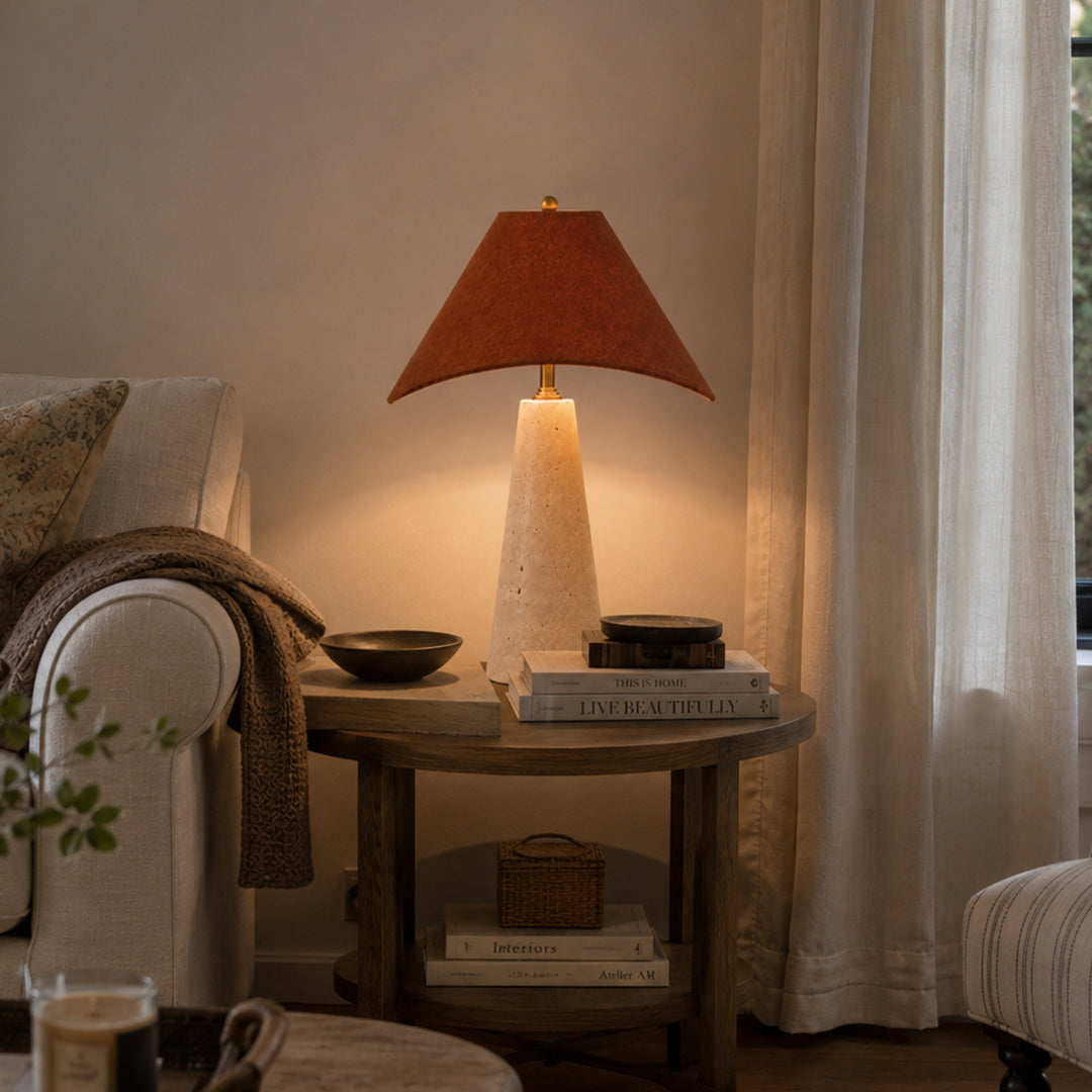Ease & Settle leather shade travertine table lamp 06