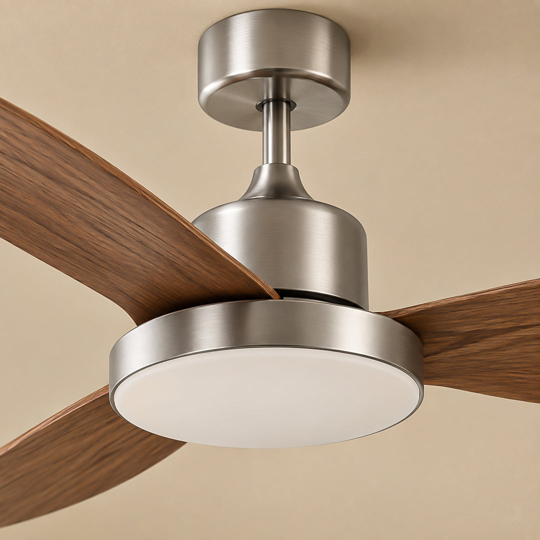 Aira Ceiling Fan with Light — brushed metal and wood blade detail