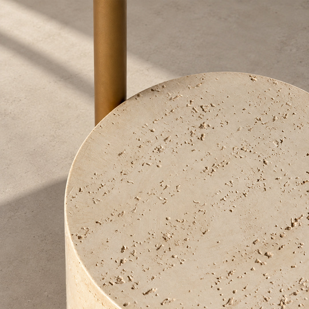 E&S MCM Arc Floor Lamp - natural travertine base detail